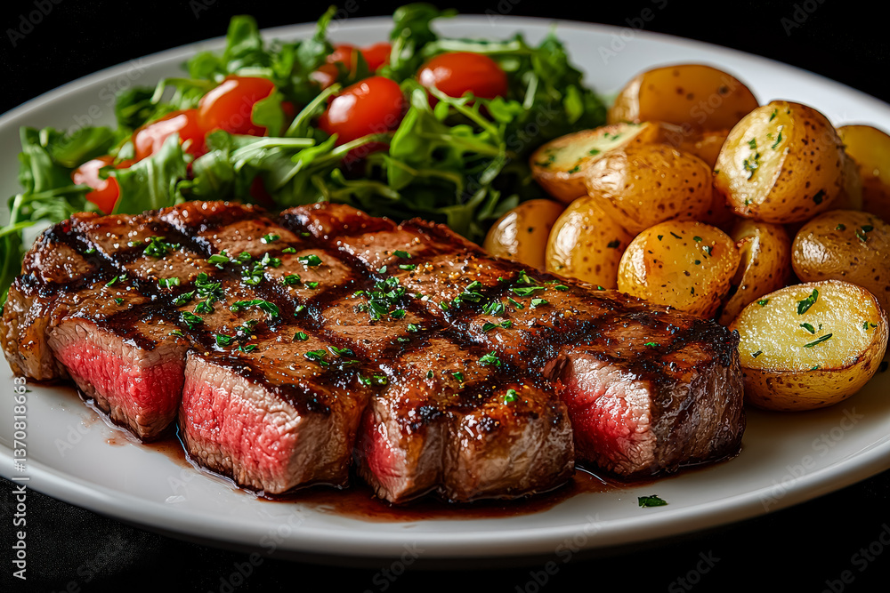Poster steak is served with a side of potatoes and a salad. the steak is cooked medium rare and is accompan