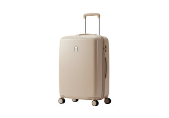Modern travel suitcase with raised handle and neutral color, isolated on pristine white background, shadow-free high-resolution