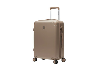 Modern travel suitcase with raised handle and neutral color, isolated on pristine white background, shadow-free high-resolution 