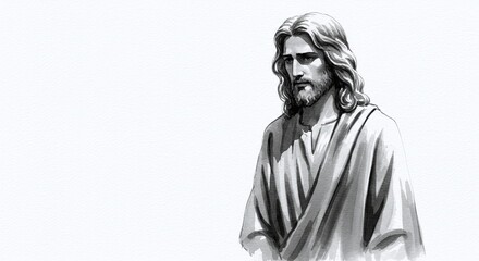 A Divine Gaze: A contemplative portrait of Jesus, depicted in a soft, grayscale palette, evokes serenity.  His serene expression and flowing hair create a sense of peace.