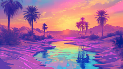 Exceptional prism mirage reflections in the desert oasis. iridescent mirage. illustration. Opalescent Mirage. Illustration