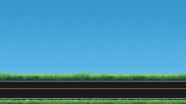 pixel art racing game level background. pixel retro design. 8 bit image, 2d racing track, grass and blue sky, race arcade. Video animation.