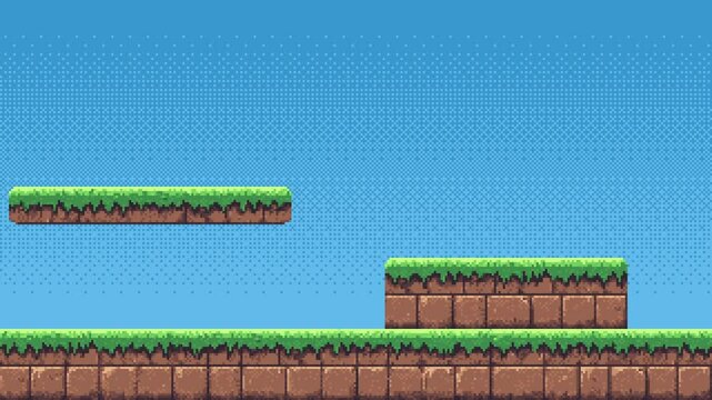 pixel art retro game level, 8 bit 2d video game background, pixel template. stones, grass and blue sky. Video animation.