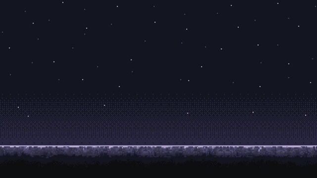 pixel art space game level background, 8 bit retro style video game. Planet surface. Starry sky. Video animation.