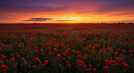 Fototapeta premium Vibrant poppy field at sunset against a colorful sky 