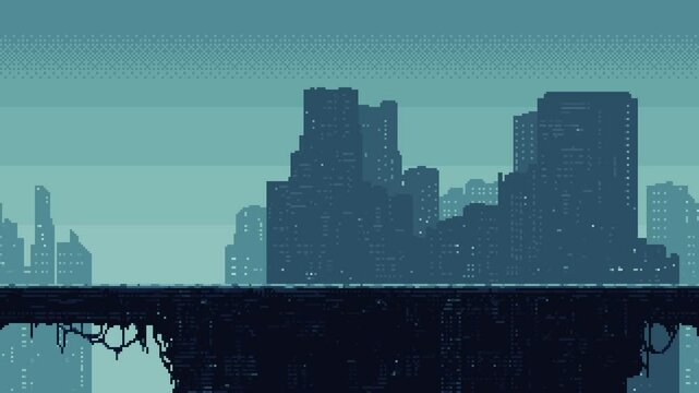 pixel art cyberpunk game level background. pixel art sci fi city. 8-bit image futuristic cityscape, 2d pixel retro design, city lights, platform. Video animation.