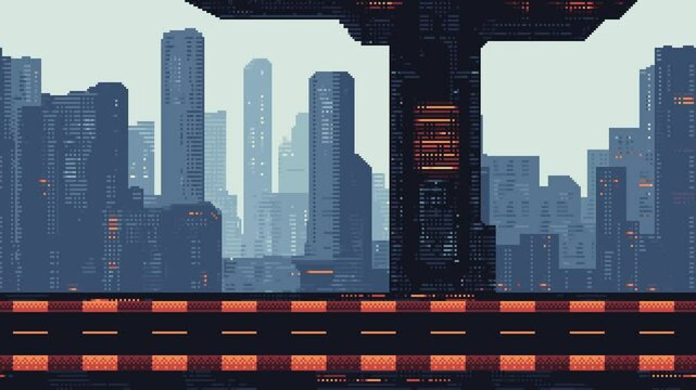 pixel art racing game level background, retro design, 8 bit 2d racing track, road with futuristic city in the background, sci-fi, cityscape, race arcade. Video animation.