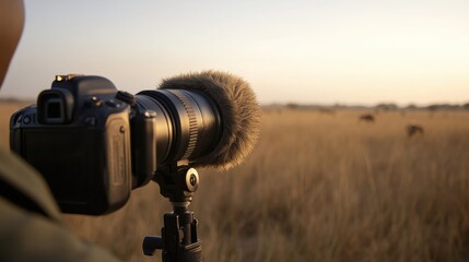 A camera with a furry windscreen is set against a backdrop of tall grass, capturing wildlife during a serene sunset.