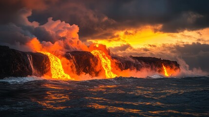 Spectacular lava flows from volcanic rock into the dark ocean under a cloudy sky.