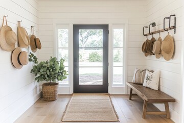 Minimalist entryway with white shiplap walls wooden bench and modern farmhouse design elements