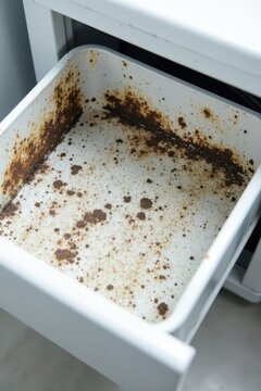 A neglected drawer reveals unsightly stains, a testament to deferred cleaning and the accumulation of grime.