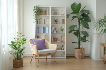 Minimalist home office with white shelving, potted plants, purple cushion accent, and Scandinavian design