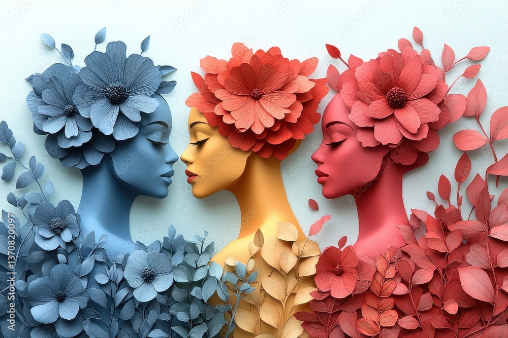 Poster colorful mannequins adorned with paper flowers create an artistic display in a creative studio setti