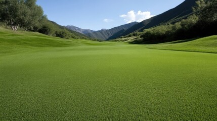 Naklejka premium Pristine golf course fairway stretches into the distance, framed by lush greenery and mountains