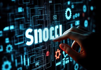 Fintech represents financial technology, encompassing online banking and crowdfunding. It showcases business investment banking and payment technology concepts on a virtual screen, illustrated by a