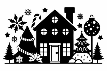 christmas winter and house silhouette line art vector illustration