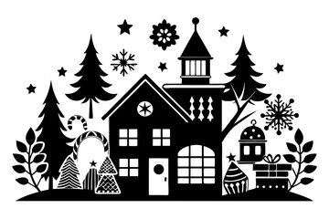 christmas winter and house silhouette line art vector illustration