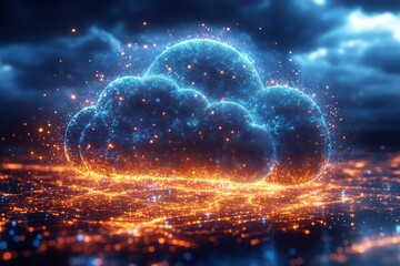 Digital cloud formation with luminous particles over a cityscape at night