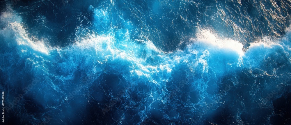 Aufkleber aerial view of deep blue ocean waves crashing with white foam creating a dynamic and powerful seasca