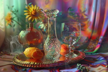 High Detail Visual of Still Life with Psychedelic Colored Background
