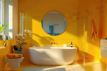 Detailed Visual  of Yellow Bathroom with Round Mirror and Modern Fixtures
