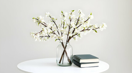 White Flowers In Glass Vase And Books On White Table