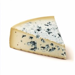 Delicious wedge of blue cheese with creamy texture and distinctive blue veins on a white background