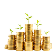 Stacks of golden coins with small green plants growing on top against  isolated on transparent or white background, png