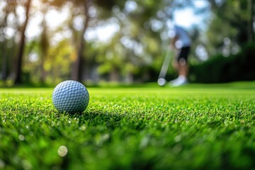 Golf ball resting on lush green grass with golfer preparing to swing in sunny outdoor setting