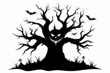 dead halloween one scary tree silhouette line art vector illustration