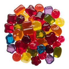 A vibrant pile of jewel-toned gummy candies, a delightful explosion of sugary sweetness and playful shapes  isolated on a transparent Png background.