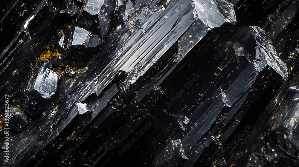 Poster a macro view of a stunning black tourmaline, highlighting its glossy surface and unique texture