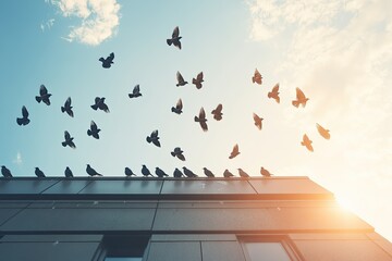Detailed Image of Low Angle View of Birds Perching on Roof Against Sky