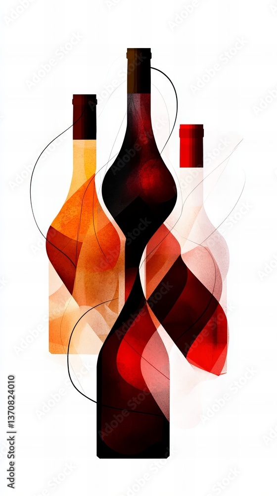 Poster wine bottles with abstract shapes create an artistic digital illustration on a white backdrop.