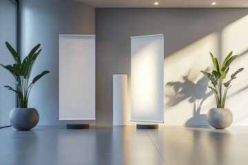 Clear Pixel Picture of 3D Interior with Blank White Roll Up Banners