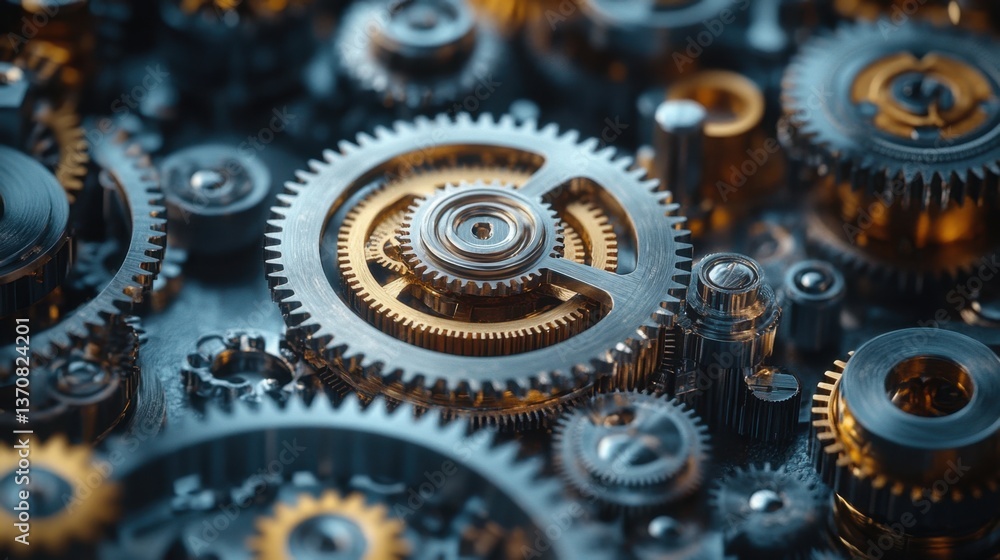 Poster intricate gears and cogs mechanism showcasing precision engineering and mechanical complexity in a c