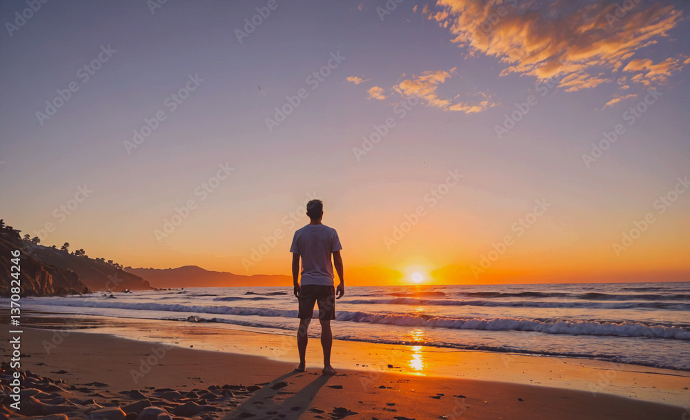 Aufkleber man stands on the beach looking out at the ocean. the sun is setting in the background