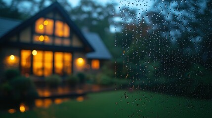 Rain drops on window, evening view of a house