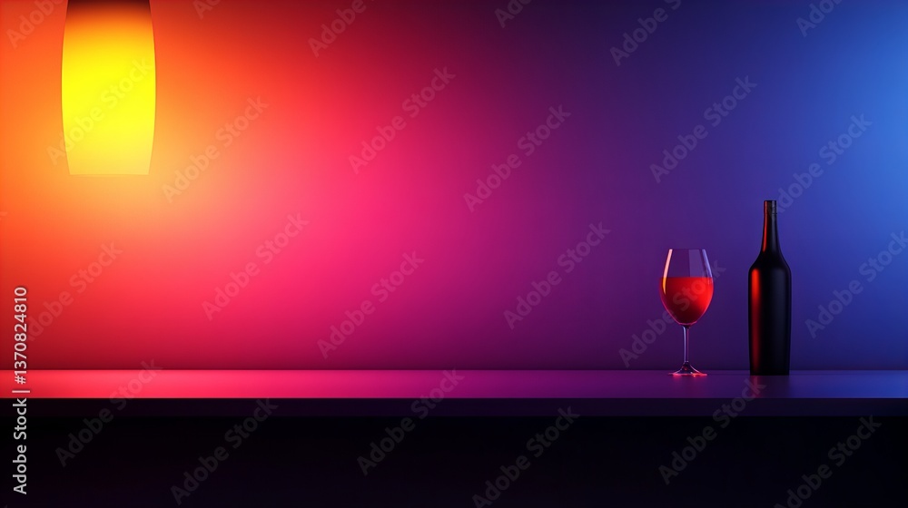 Aufkleber wine glass and bottle are positioned on a dark counter against a vibrant multicolored gradient backd