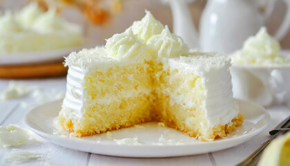 A homemade coconut cake covered in creamy frosting and topped with shredded coconut, served on a plate with a rustic background.