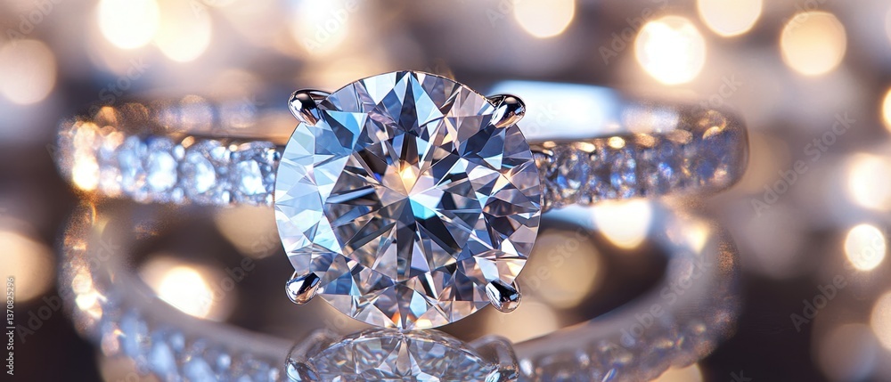 Poster exquisite diamond ring radiant sparkle on reflective surface with soft bokeh lights creating allurin