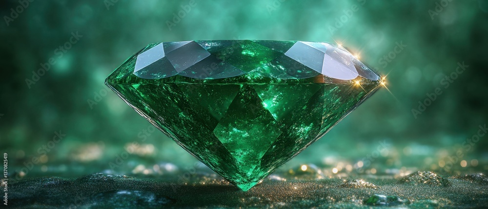 Poster captivating emerald gemstone shines brightly on a glittering surface with a soft green background an