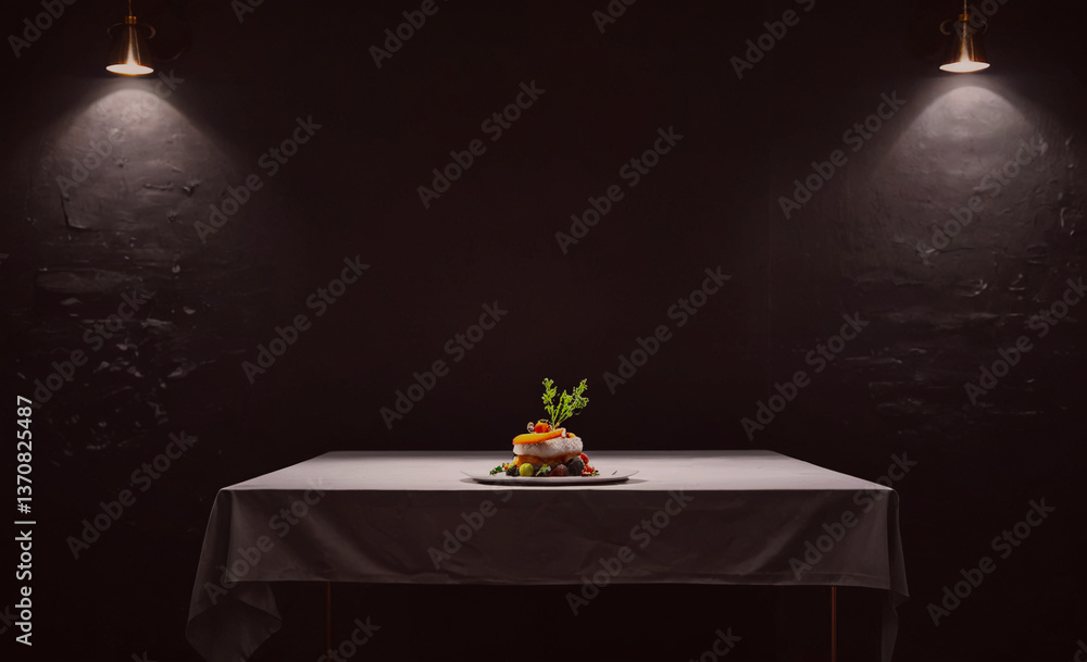 Poster table with a plate of food on it. the table is covered with a white cloth. there is a small plant on