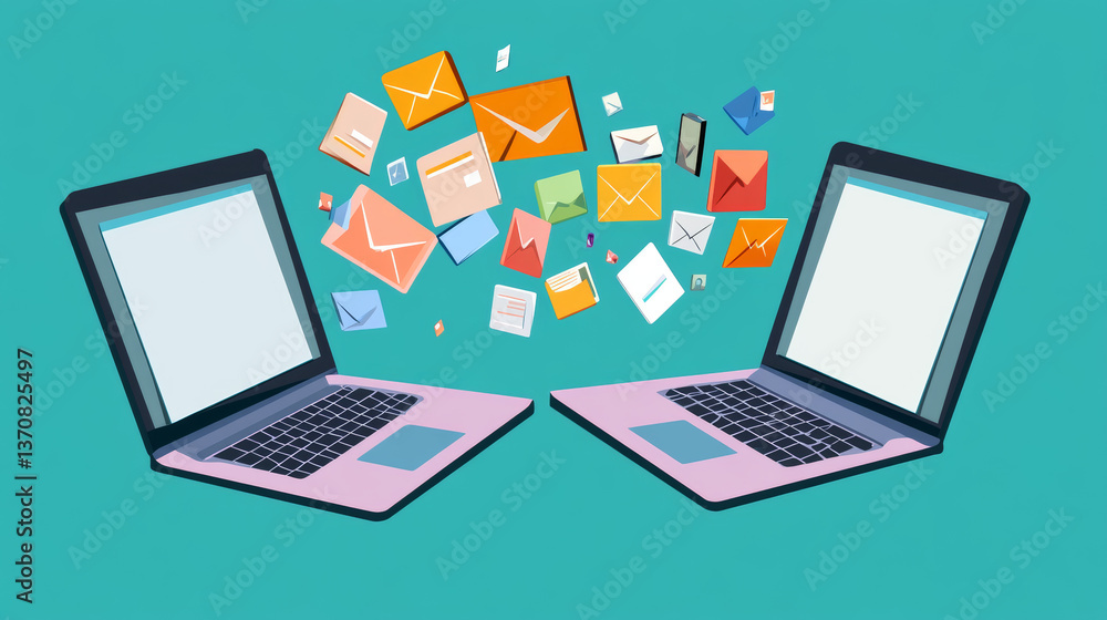 Poster two laptop computers with file, folder or documents transferring between each other