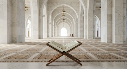 Fototapeta premium Serene Mosque Interior: Capture the light, airy beauty of a mosque's interior, featuring an open Quran on a wooden stand, emphasizing the essence of faith and the architectural grandeur. 