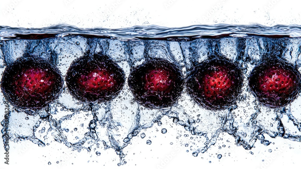Poster five red berries submerged in water, creating dynamic splashes and bubbles