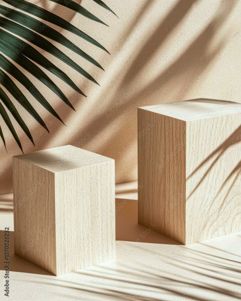 Poster elegant wooden tables casting shadows in a serene interior setting during daylight