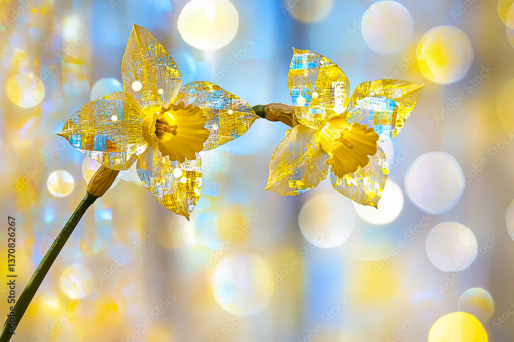 Aufkleber Radiance of iridescent daffodils against a pastel sky with enchanting fairy lights and sparkles