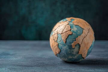 A handmade Earth globe showing continents and oceans on display