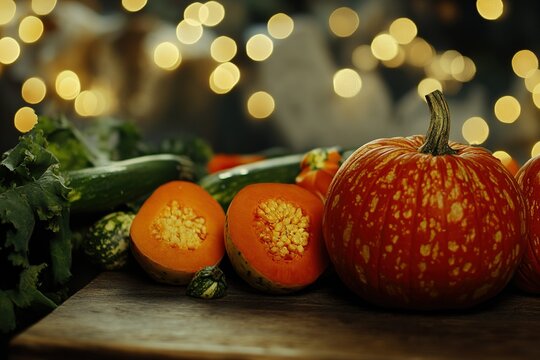 Pumpkins On Wooden Table - Thanksgiving Background With Vegetables And Bokeh Lights without text